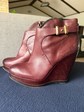 Sam Edelman Burgundy Wedge Ankle Boots with Gold Hardware